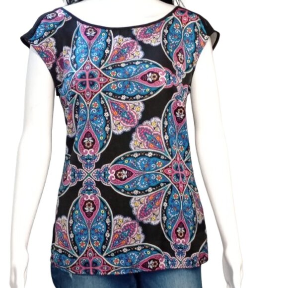 Rachel Zoe Tops - Rachel Zoe Paisley Mixed Media Blouse Size M Sheer Back High Low Top Boho Black